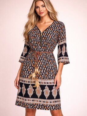 Kessley Boho Floral Dress Women’s Small Black White Bell Sleeve Belted NWOT